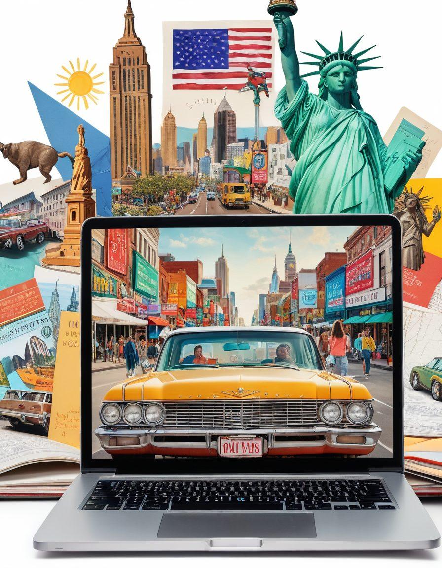 A vibrant collage illustrating the diverse facets of American culture, featuring an open laptop with a colorful journal on one side, iconic American symbols like the Statue of Liberty and Route 66 signs blending into the background. Include people from various ethnicities engaging in online journaling, with elements representing different regions of the USA such as mountains, beaches, and bustling cities. Create a warm, inviting atmosphere that embodies connectivity and creativity. super-realistic. vibrant colors. white background.