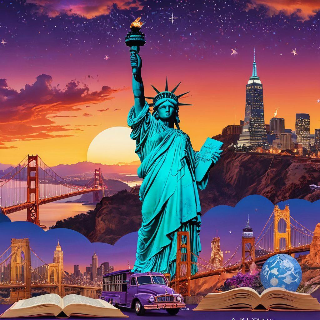 A vibrant digital collage showcasing various iconic American landmarks like the Statue of Liberty, Golden Gate Bridge, and the Grand Canyon interwoven with elements of storytelling such as open books, speech bubbles, and digital devices. A gradient sunset sky filled with stars symbolizes the endless possibilities of digital storytelling. super-realistic. vibrant colors. 3D.