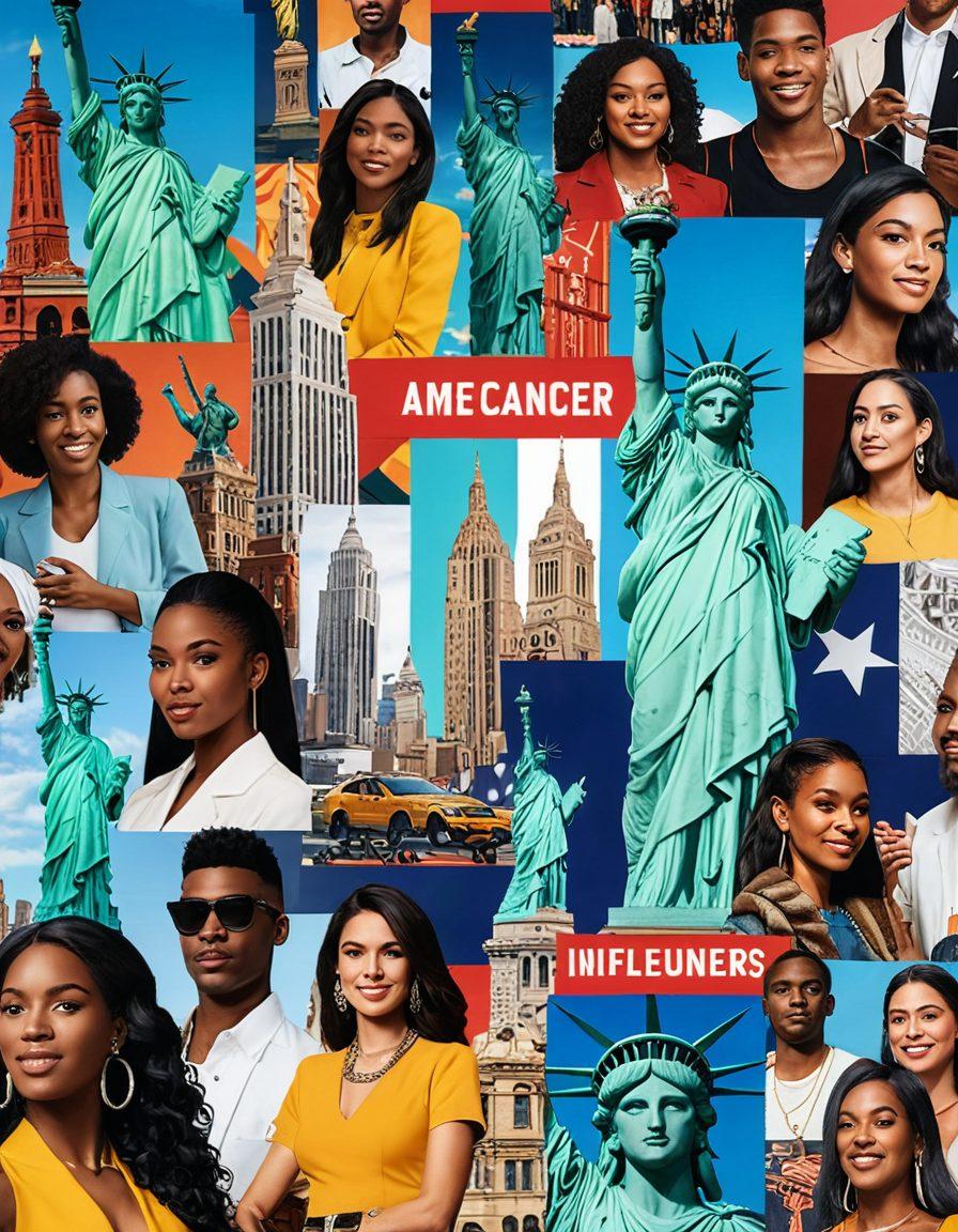 A vibrant collage showcasing diverse American influencers engaged in various activities, such as blogging, social media interaction, and community events. Include symbols of trending topics like politics, fashion, and technology, with an eye-catching backdrop of iconic American landmarks. The scene should radiate energy, connection, and cultural diversity. super-realistic. vibrant colors. dynamic composition.